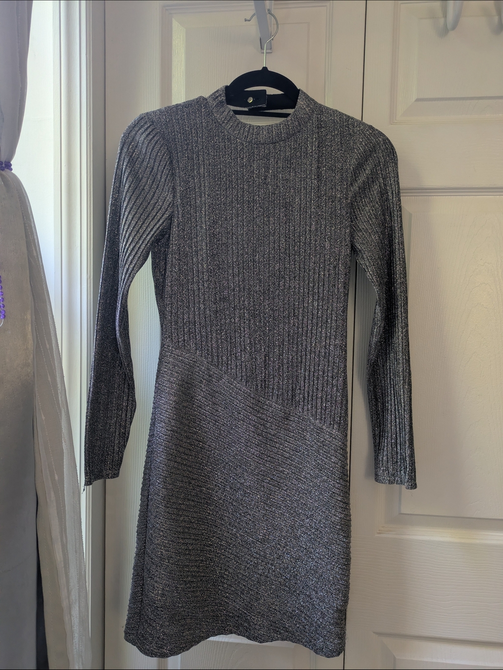 Reiss Metallic Gray Ribbed Knit Long-Sleeve Dress